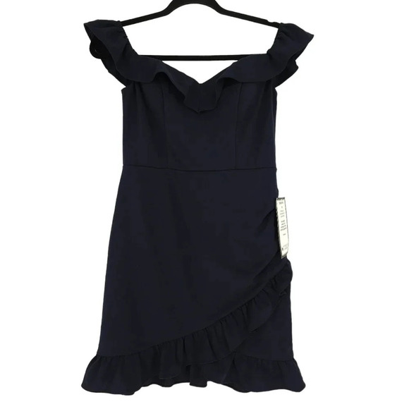 City Studio Mini Dress Navy Blue Off Shoulder Ruffle Zip Back - Picture 2 of 9